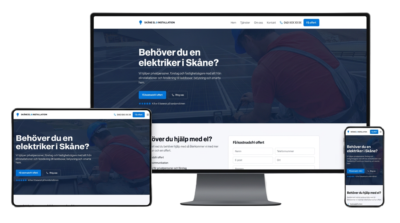 Responsiv hemsida för Skåne El & Installation visad på dator, surfplatta och mobil