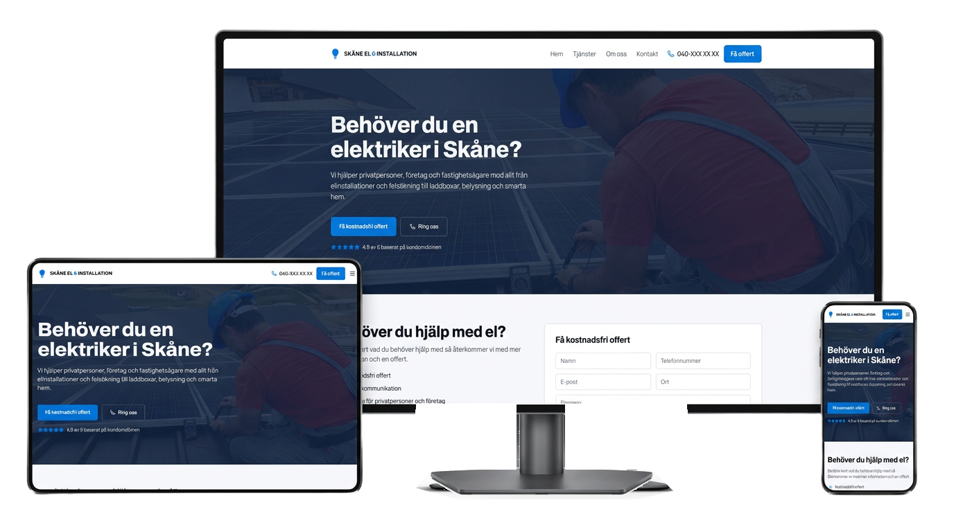 Responsiv hemsida för Skåne El & Installation visad på dator, surfplatta och mobil